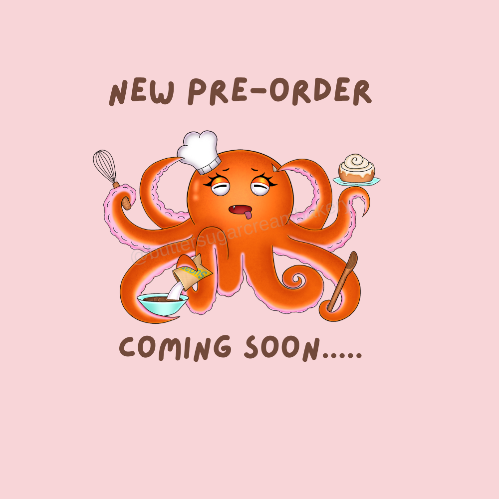 Cartoon octopus chef with baking items on a pink background, promoting a new pre-order.