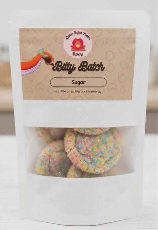 Bag of mini cookies with a visible label on a white background